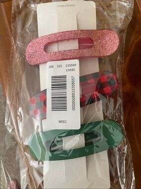 Maurices Pink Glitter, Red Plaid & Green Hair Clip Trio